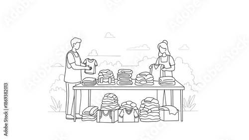 Linear style clothing donation volunteering concept with people sorting clothes outdoors