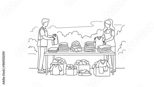 Volunteers organizing clothes at donation drive in linear style