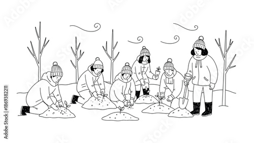 Community gardening: people planting trees in winter scene with minimalist black and white line art