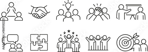 Teamwork and collaboration icons set. Business communication, leadership and people management outline symbols