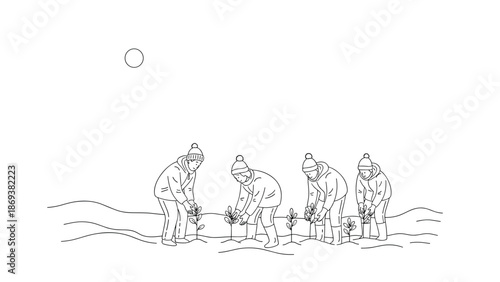 Line art of people planting trees in winter landscape with sun