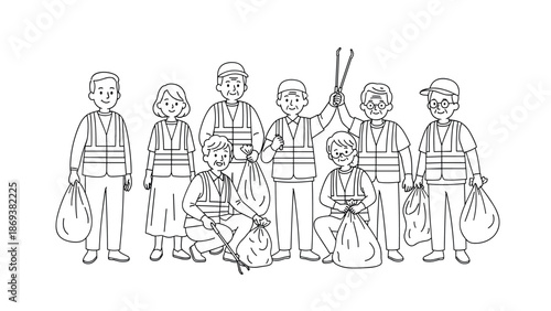 Community volunteers cleaning up: line art group working together