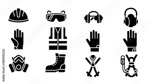 Safety equipment icons: essential protective gear in bold silhouette style