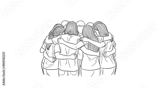 Group hug embrace sketch: unity and togetherness in line art