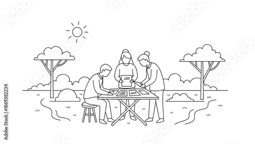 Collaborative outdoor workspace sketch: teamworking in nature