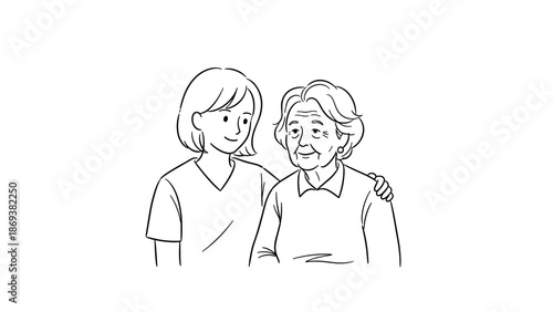 Caring connection: young person comforting elderly woman in heartwarming line art
