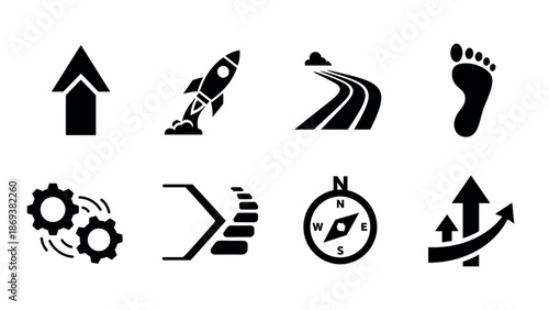 Minimalist silhouette icons: growth, exploration, and progress in black and white
