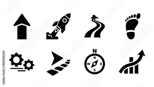 Minimalist black icons: arrow, rocket, path, footprint, gears, compass, growth