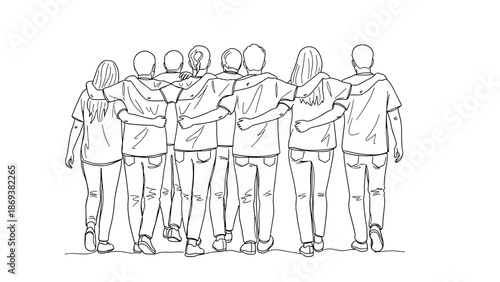 Back view of friends embracing in a line drawing style