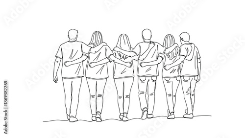 Back view group hug: friends in minimalist line art