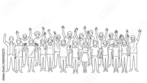 Diverse crowd celebrating with raised hands in line art style