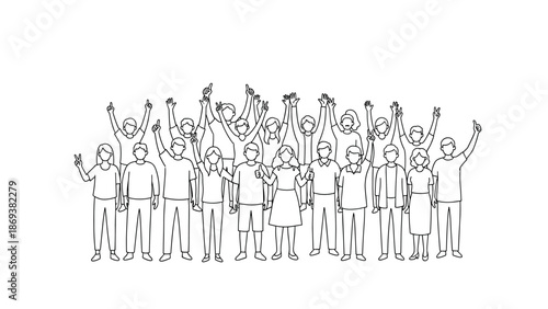 Diverse group of people celebrating together in monochrome line art