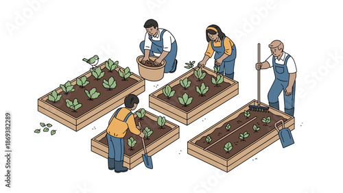 Community gardening activity in isometric style with diverse people planting vegetables