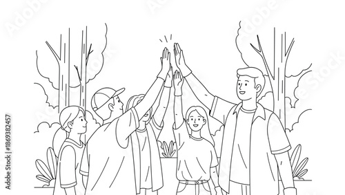 Celebratory high five among friends in nature line drawing
