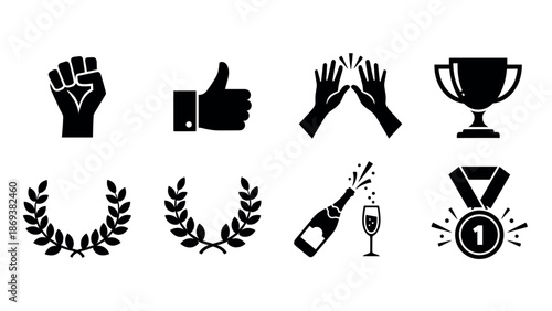 Icon collection: celebration and achievement symbols in silhouette style