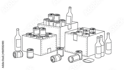 Line art beverage boxes with bottles and cans for packaging design