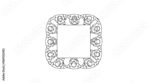 Continuous line astronauts creating a square frame on white background