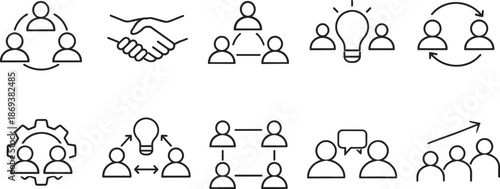 Teamwork and collaboration icons set. Business communication, leadership and people management outline symbols