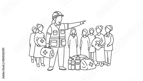 Humanitarian mission team and supplies in emergency response outline