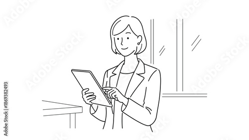 Professional woman engaged with digital tablet in minimalist line art design
