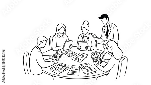 Business team meeting: linear design of professionals analyzing data around conference table