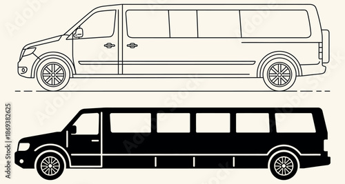 Limousine icon set with luxury van silhouette