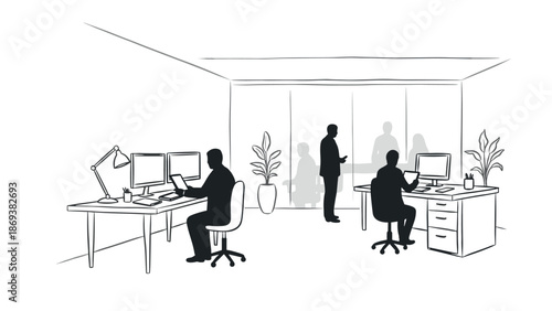 Modern office workspace silhouette with employees in meeting and working at desks