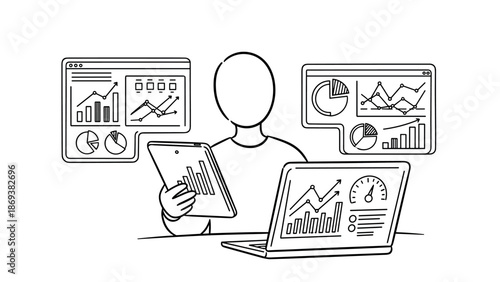 Business analyst working with data charts and graphs in office setting
