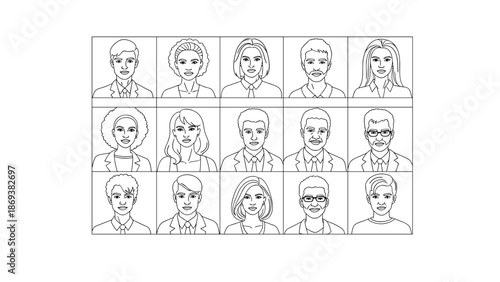 Diverse group of business professionals in linear black and white style
