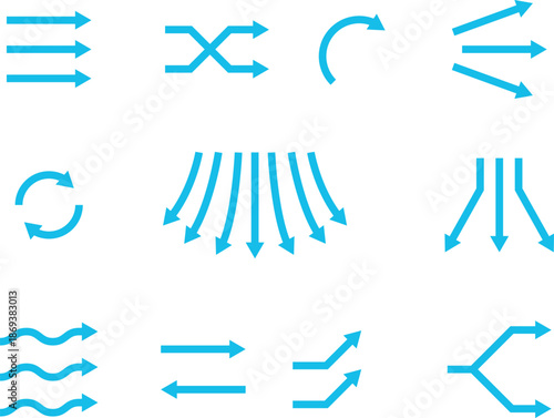 Air flow arrows collection. Wind stream, fresh water direction, conditioner or filter system infographic elements. Vector arrow icons set