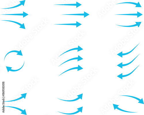 Air flow arrows collection. Wind stream, fresh water direction, conditioner or filter system infographic elements. Vector arrow icons set