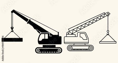Crane icon set with construction machinery silhouette