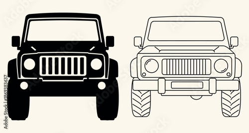 Off Road 4x4 Vehicle Icons in Silhouette and Outline Front View