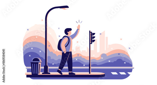 Man Hailing Taxi on City Street.