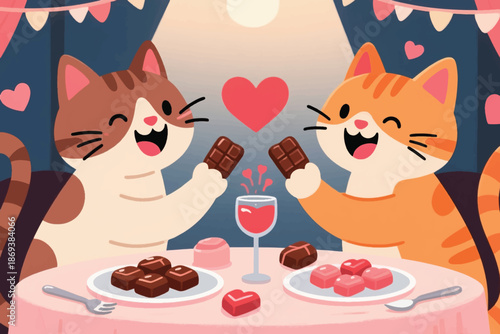 Two cartoon cats toasting with chocolates at romantic dinner table with sunset and heart decorations.