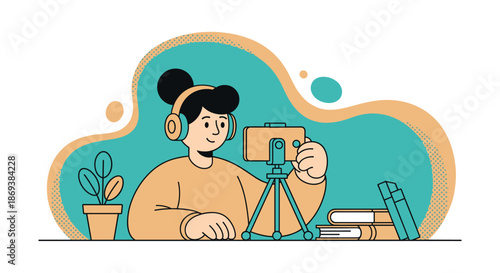 Woman Recording Video with Camera on Tripod.