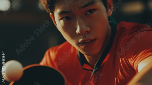 Focused Asian Athlete Playing Table Tennis with Intense Gaze and Red Shirt