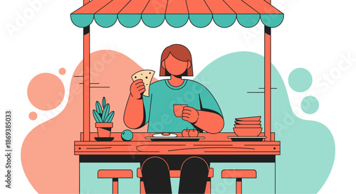 Woman Serving Coffee at Outdoor Stall.