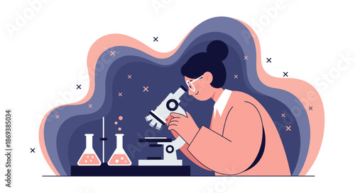 Woman Scientist Examining Sample with Microscope.