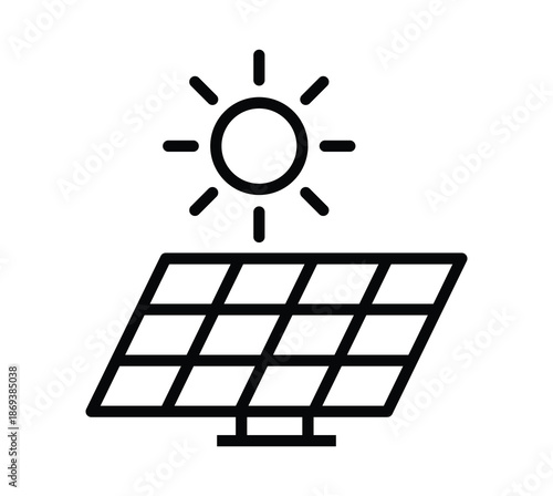 Solar Panel Icon with Sun in Simple Line Art Design for Eco-Friendly Concepts