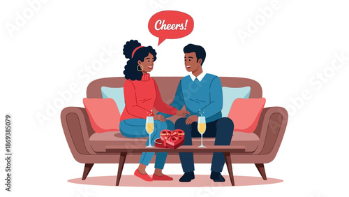Couple enjoying romantic date with champagne on cozy sofa