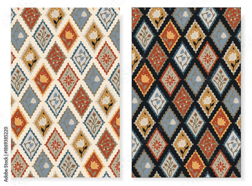 Seamless vector pattern with ornate diamond tiles and stylized floral motifs in warm autumn palette. Folk, boho, Moroccan inspired wallpaper texture for fabric, home decor, packaging, wrapping paper, 