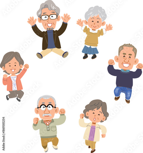 輪になってジャンプする6人のシニアの男女