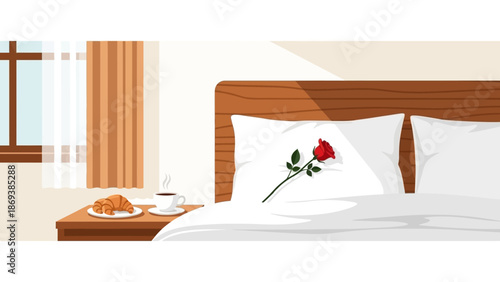 Cozy bedroom interior with rose on pillow and breakfast on side table