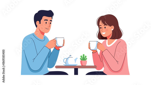 Smiling couple enjoying coffee together at a cozy cafe table