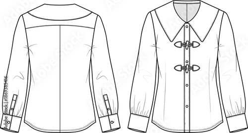 Long sleeve blouse sketch, fashion technical drawing, toggle closure design, garment template, clothing vector outline, apparel illustration