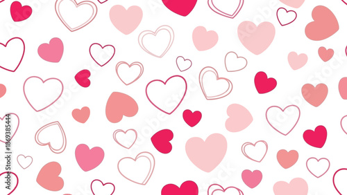 Seamless pattern of pink and red hearts on white background