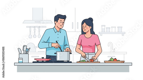 Couple Cooking Together in Modern Kitchen Illustration