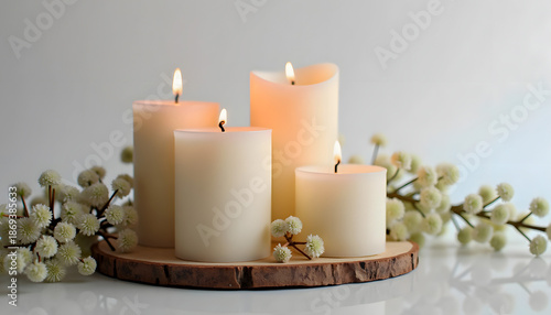 Elegant candles arrangement with soft lighting and floral accents on wooden base design