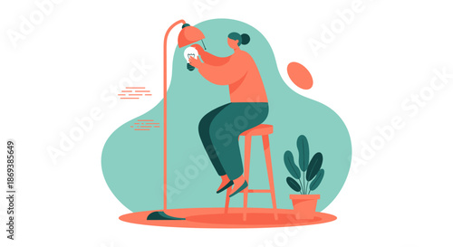 Woman Sitting on Stool Adjusting Lamp.